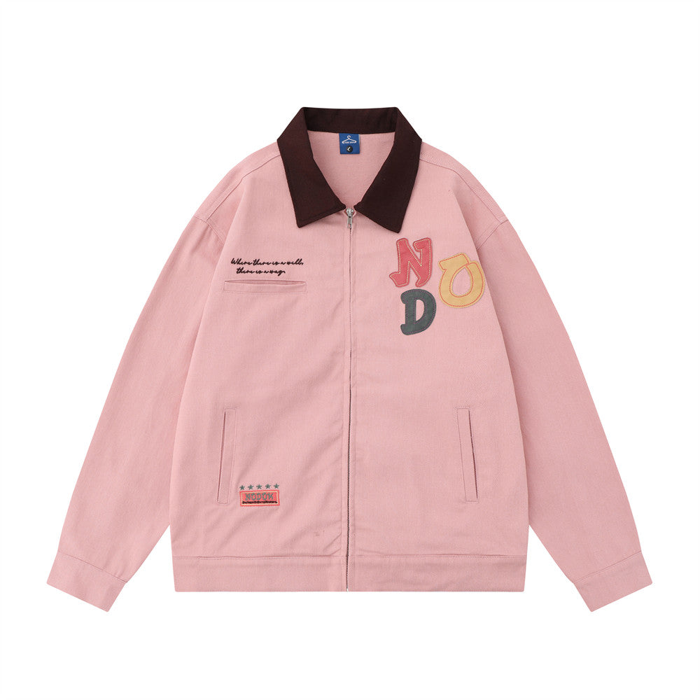 Color Letter Veneer Embroidery Contrast Color Lapel Denim Jacket