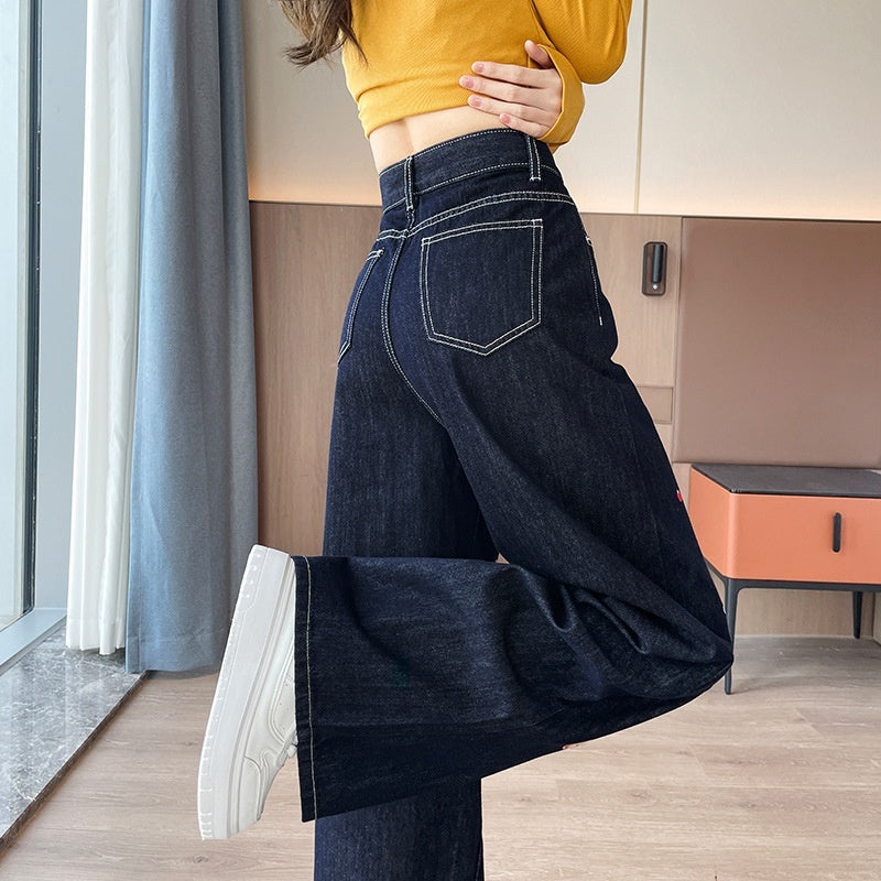 FallWinter Cartoon Embroidered Wide-Leg Straight Jeans