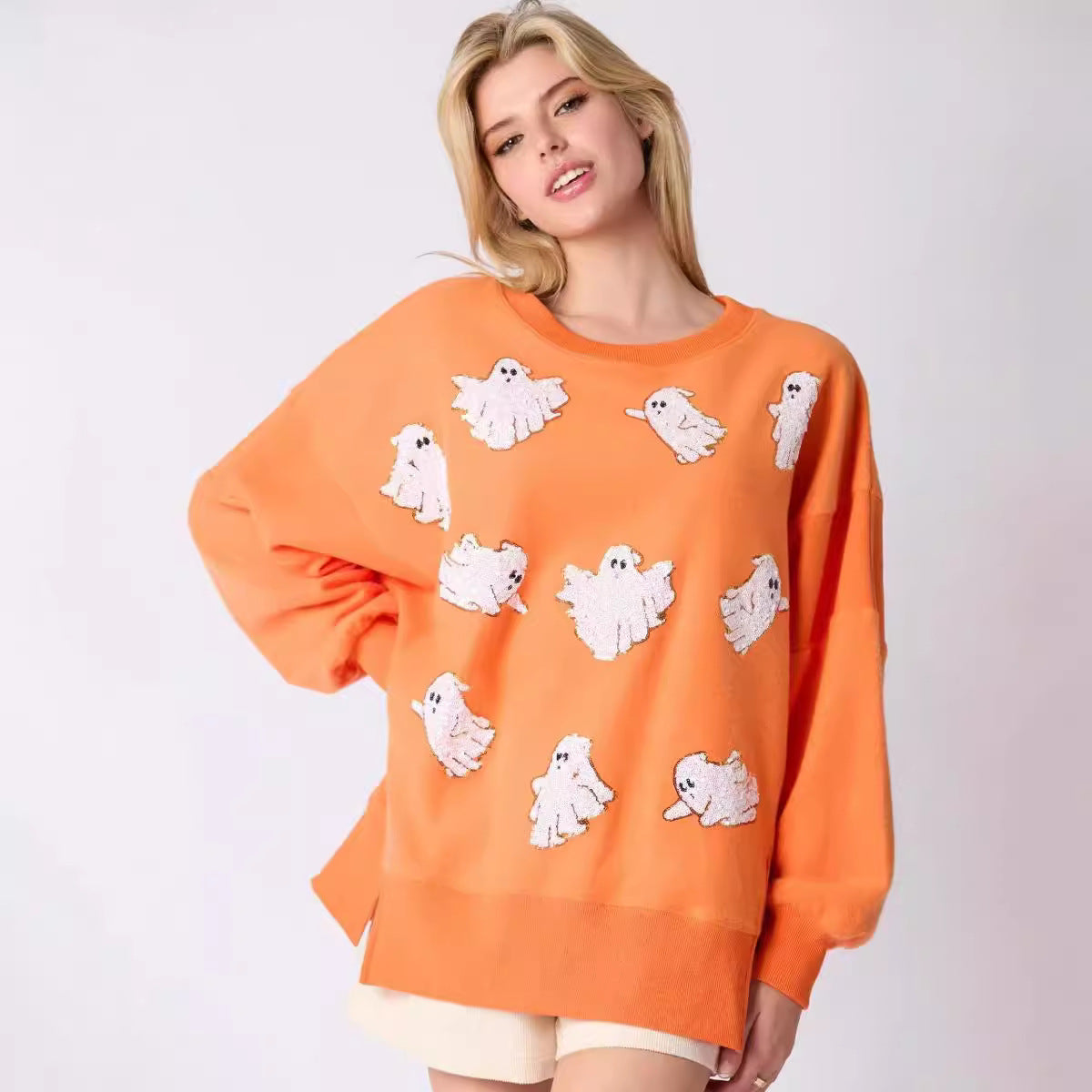Dame Halloween Spøgelse Paillet Top Afslappet Løs Sweatshirt