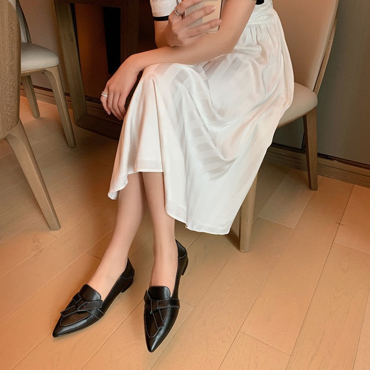 Full Leather Shoes With Pointed Bow