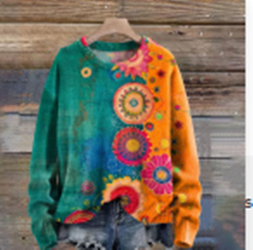 Dame sweater med tryk og lav skuldersøm