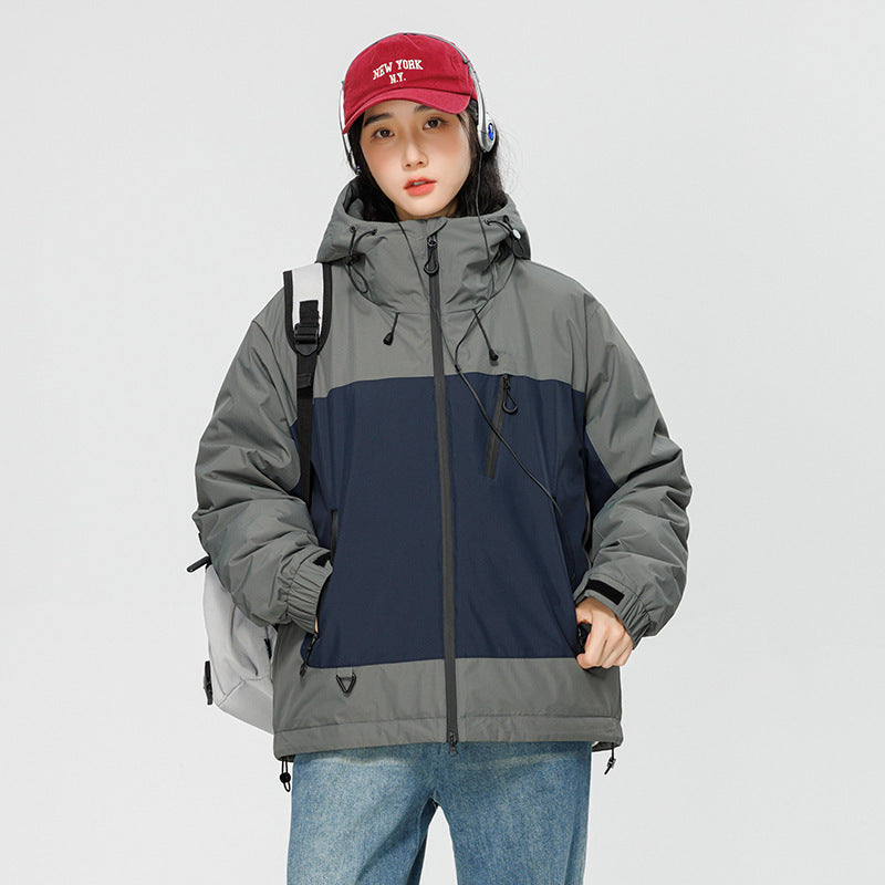 Kontrastfarvet Casual Alsidig Dunjakke Skaljakke Trendy Mekanisk Stil Amerikansk Retro