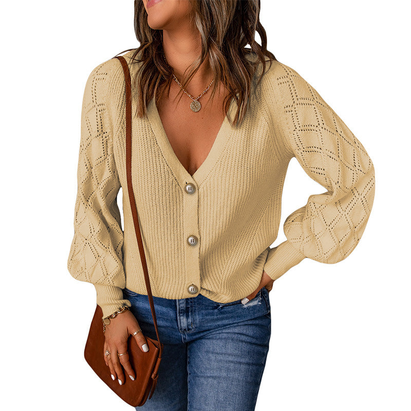 Women's Solid Color Rhombus Puff Sleeve Knitted Sweater Coat