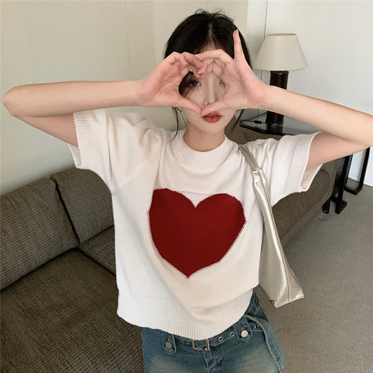 Love Short Sleeve Knitted Sweater Spring Korean Style