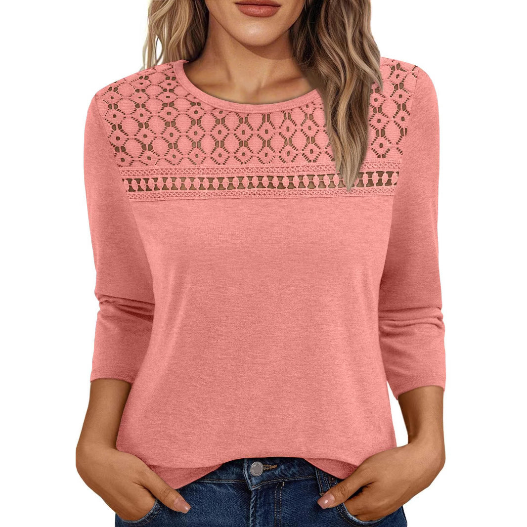 Women's Round Neck Top Lace Hollow Breathable All-match Long Sleeve