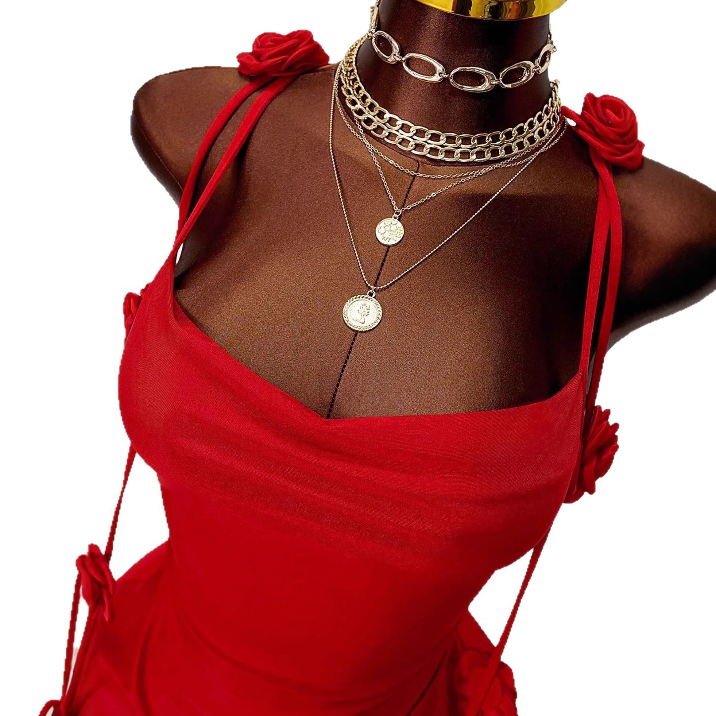 3D Floral-decorated Slip Dress With A Cinched Waist For A Slimming Fit
