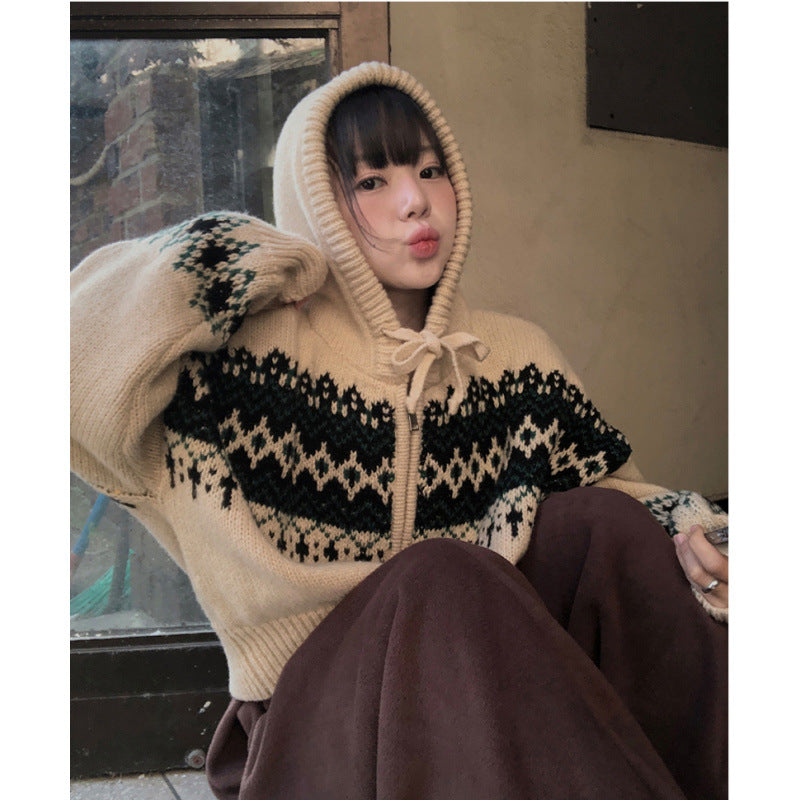 Hættetrøje Cardigan med Kontrastfarver, Fair Isle Jacquard, Løstsiddende, Lange Ærmer, Europæisk Stil