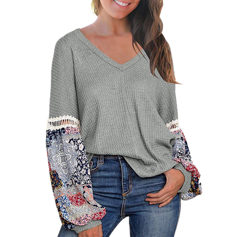 New European And American Autumn And Winter V-neck Waffle Loose Printed Long-sleeved T-shirt