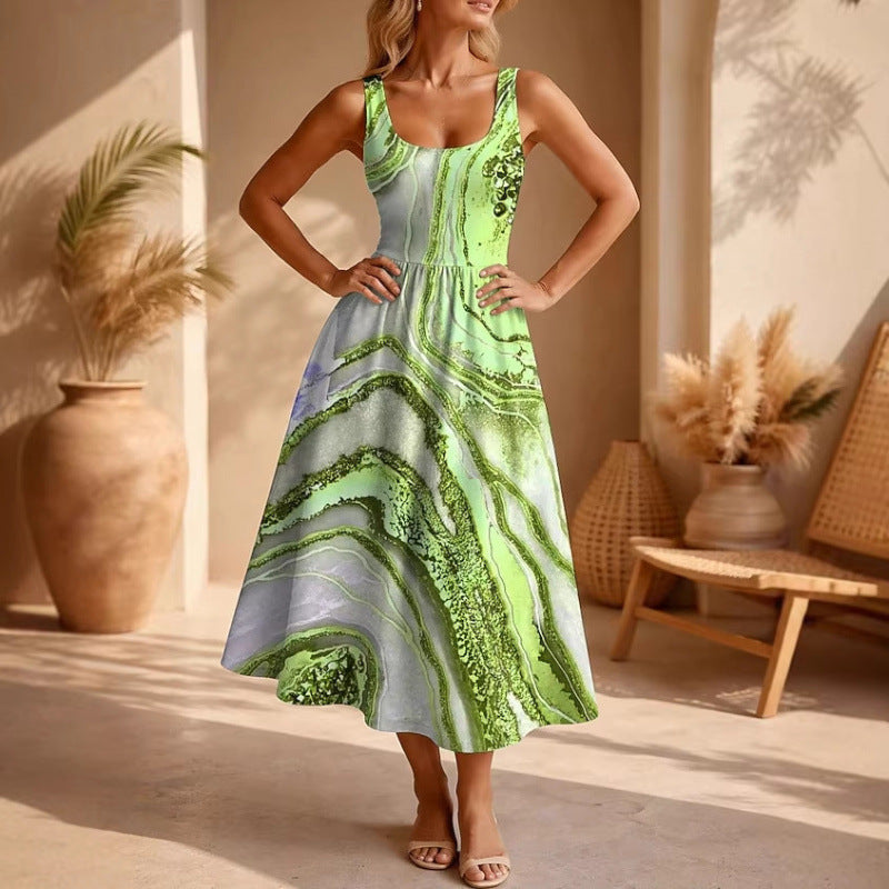 Vacation-Ready Bohemian-Style Printed Abstract Pattern Sleeveless U-Neck Midi Dress