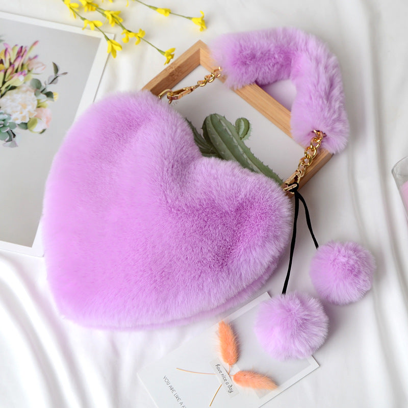 Women's Heart-shaped Plush Peach Heart Artificial Wool Handbag