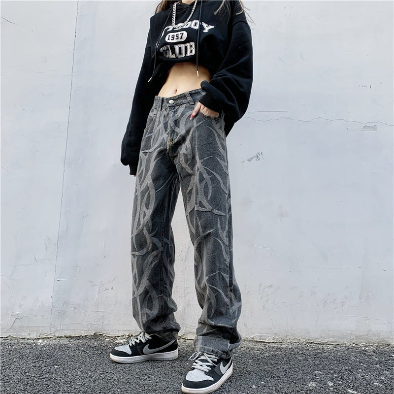 Højtaljede Straight Hip Hop Bukser Løse Og Tynde Wide Leg Jeans Med Print