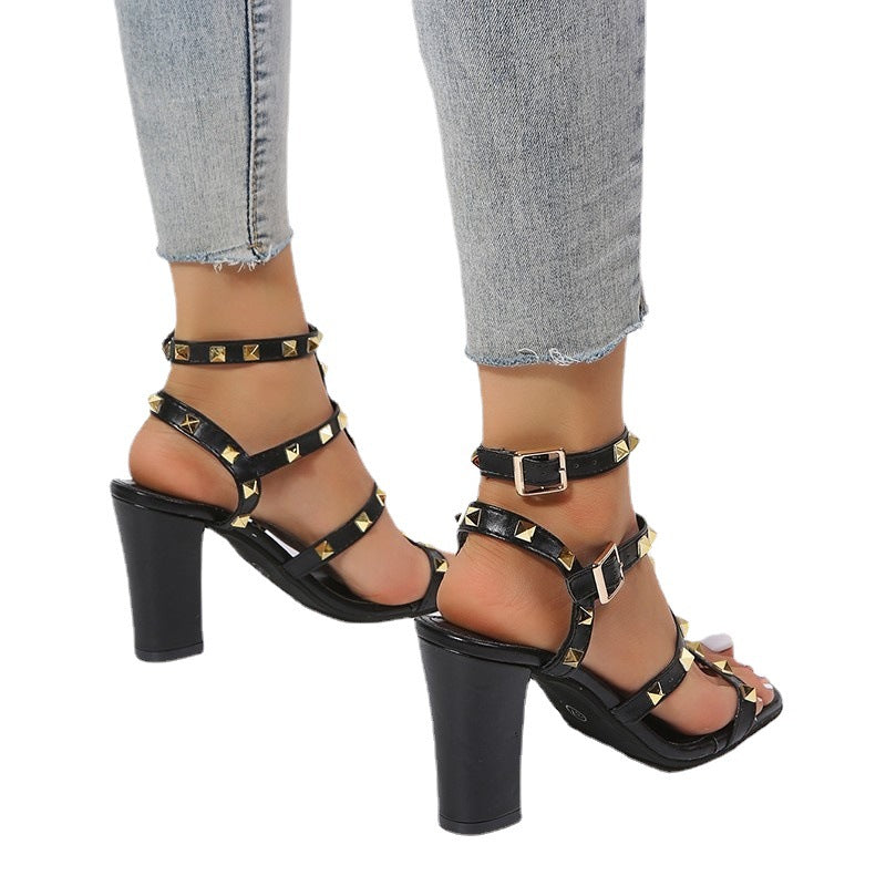 Women's Square Head Metal Rivet High Heel Sandals