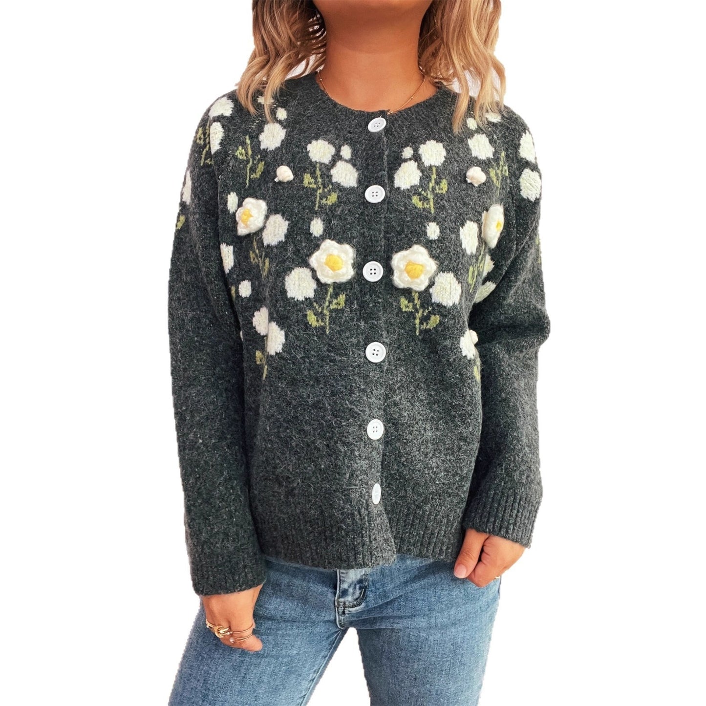 Flower Embroidered Crew Neck Long Sleeve Single-breasted Sweater Cardigan