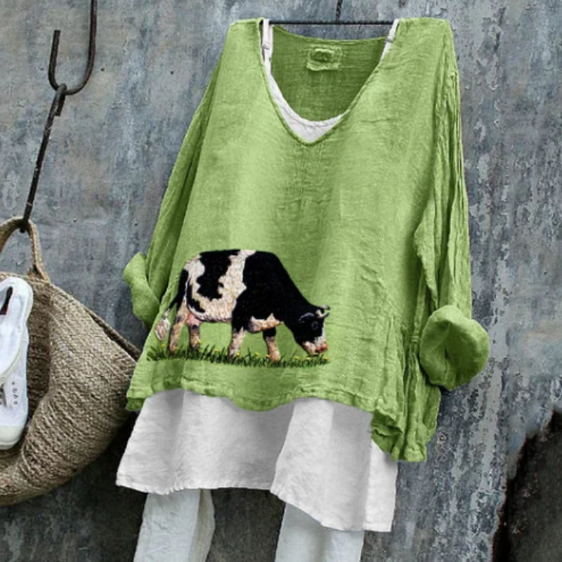 Farm Dairy Cow Print Linen Long-sleeve Top