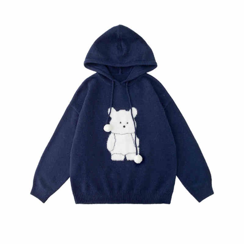 Bear Loose Hooded Warm Sweater Women's Knitted Blouse