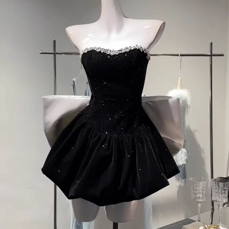 Birthday Little Dress High-end Light Luxury Niche Princess Puff Dress Bow Strapless Velvet Dress