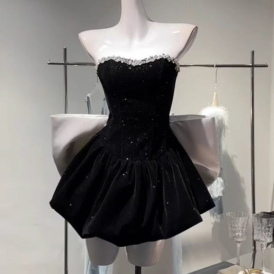 Birthday Little Dress High-end Light Luxury Niche Princess Puff Dress Bow Strapless Velvet Dress