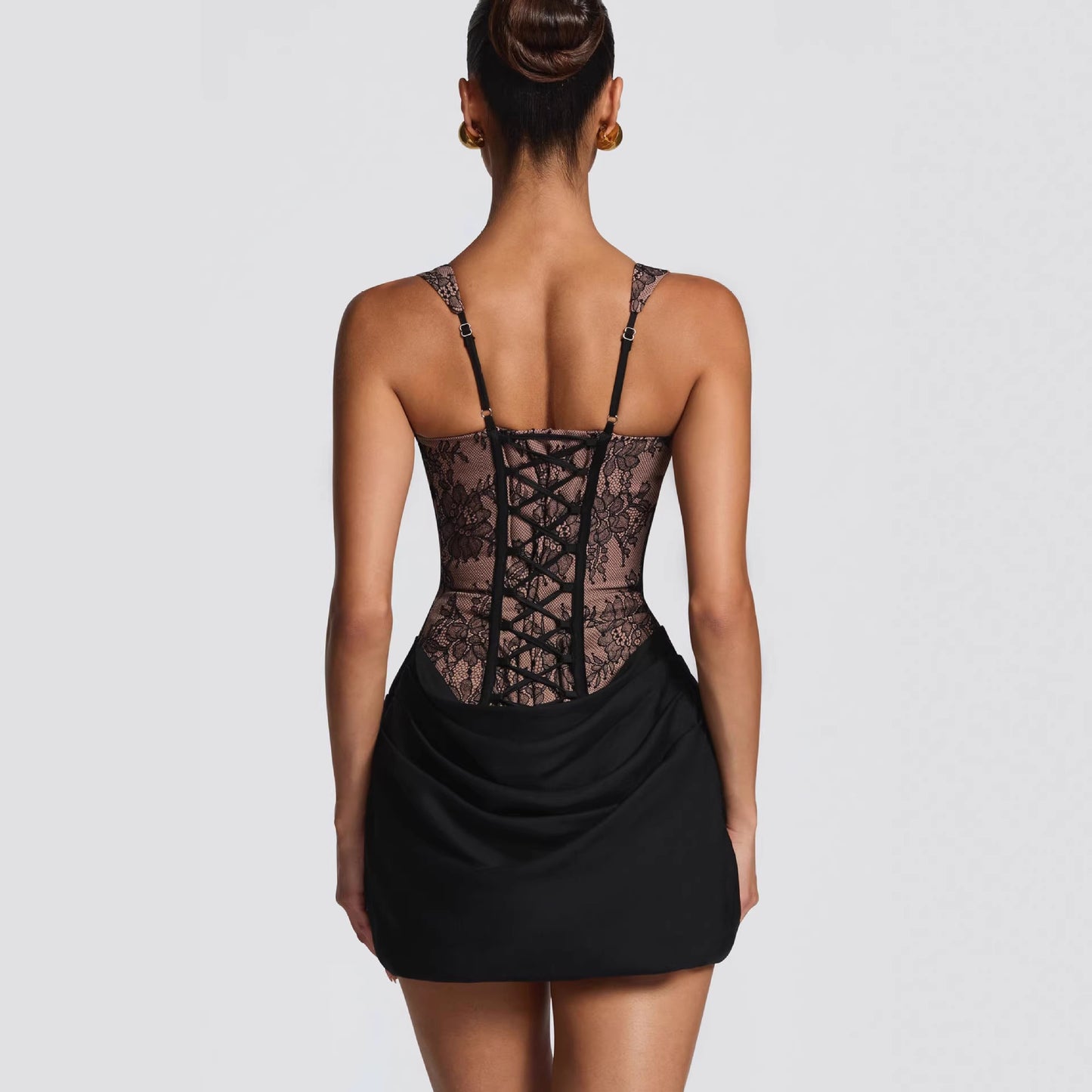 Lace-Panel Pleated Slip Dress With Floral Strap And Defined Waistline