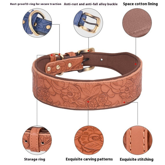 Embossed Leather Pet Collar Soft Space Cotton Substrate