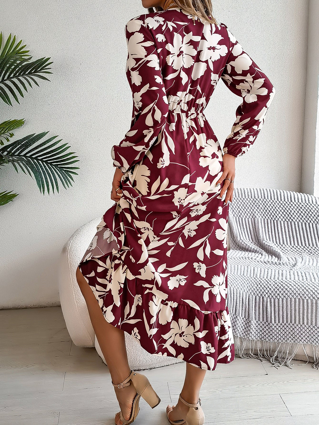 Dame Casual Blomstret Slå Om-kjole Med Lange Ærmer Og Flæser