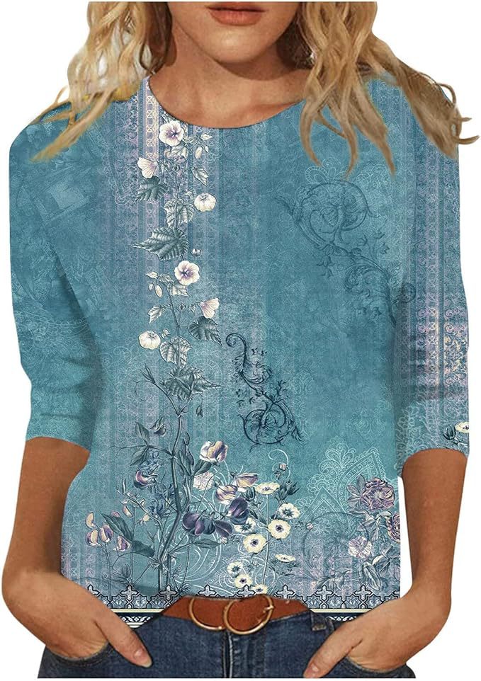 Women's Top Three-quarter Sleeve Summer Ethnic Floral Slim Fit Cute Top Round Neck Slim Fit Printed T-shirt