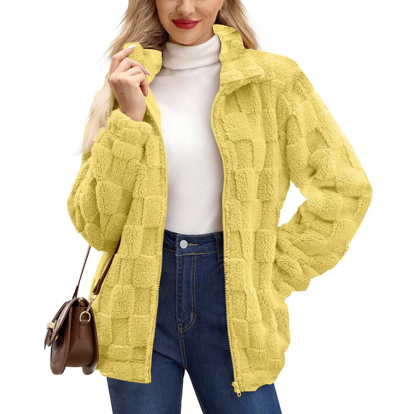Women's Zipped Stand Collar Loose Jacquard Square Plaid Plush Coat