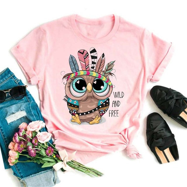 Owl Cute Cartoon Print Short Sleeve