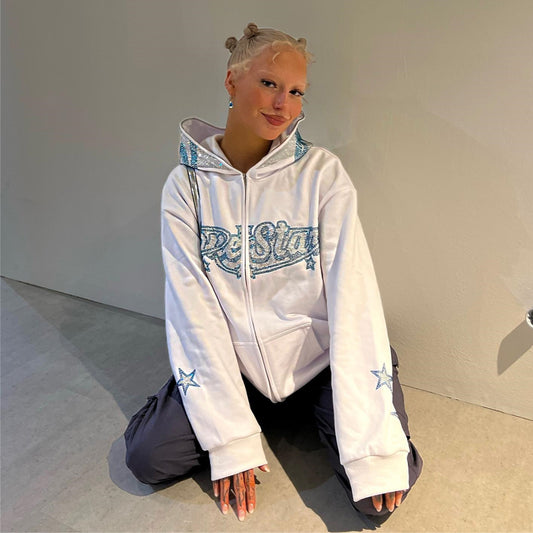Rhinestone Letters Printed Loose Sweatshirt