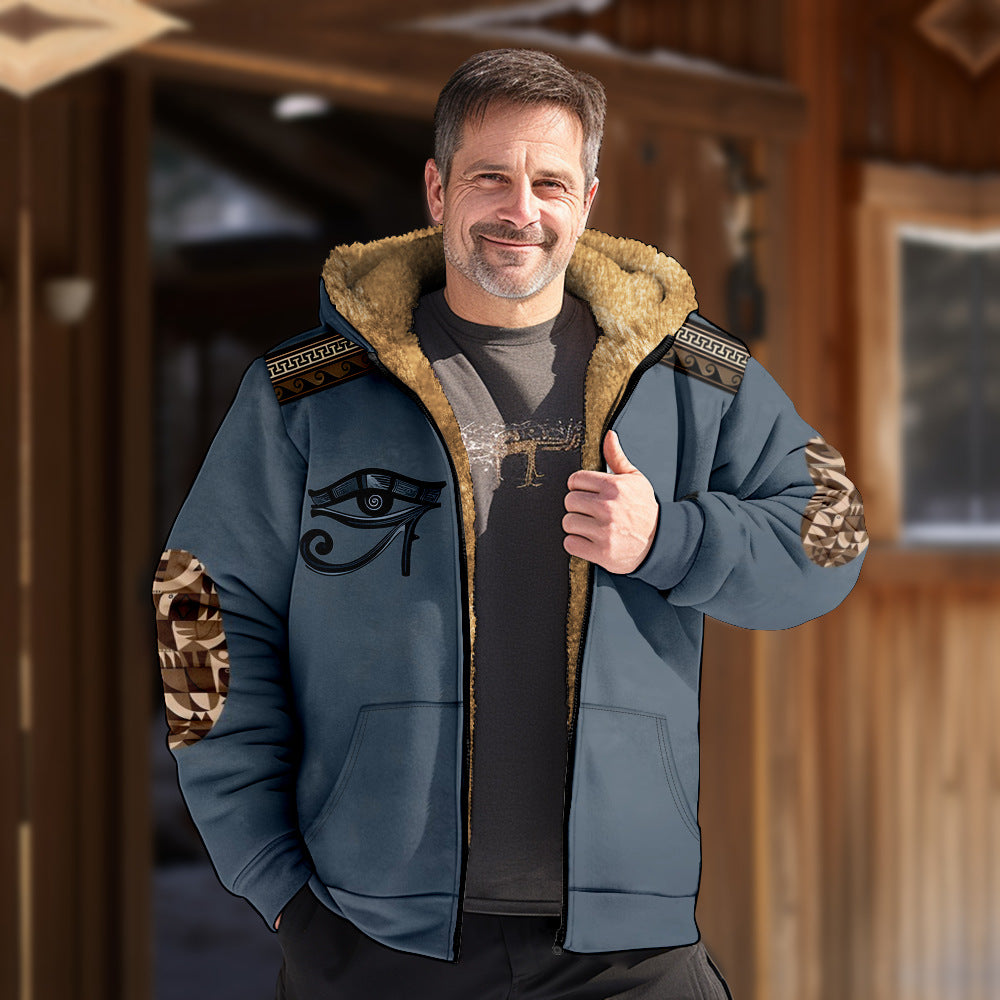 Men's Hooded Plush Printed Long Sleeved Cotton Jacket