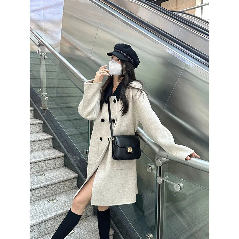 Contrast Color Lapels Dignified Sense Of Design Coat Woolen Mid-length