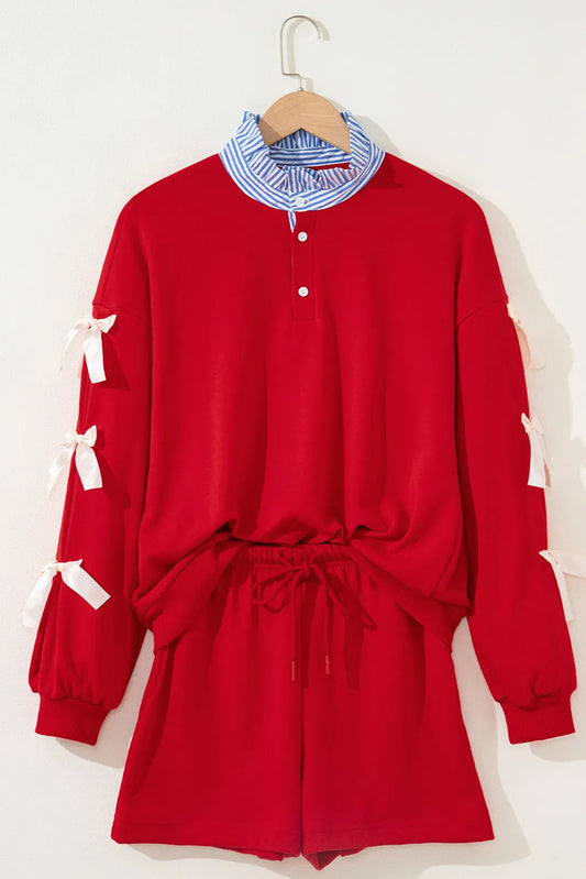 Racing Red Striped Collar Patchwork Satin Bow Sweatshirt And Shorts Set