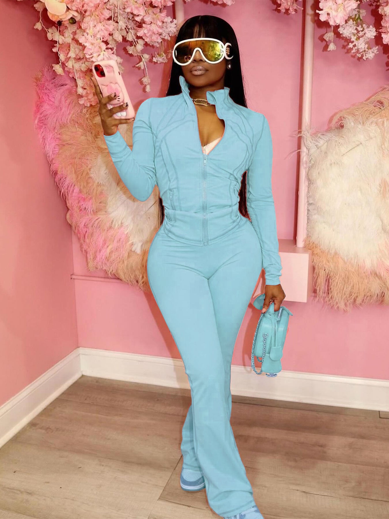 Womens Sporty-casual Sexy Tight-fitting Long-sleeve Flared Two-piece Set