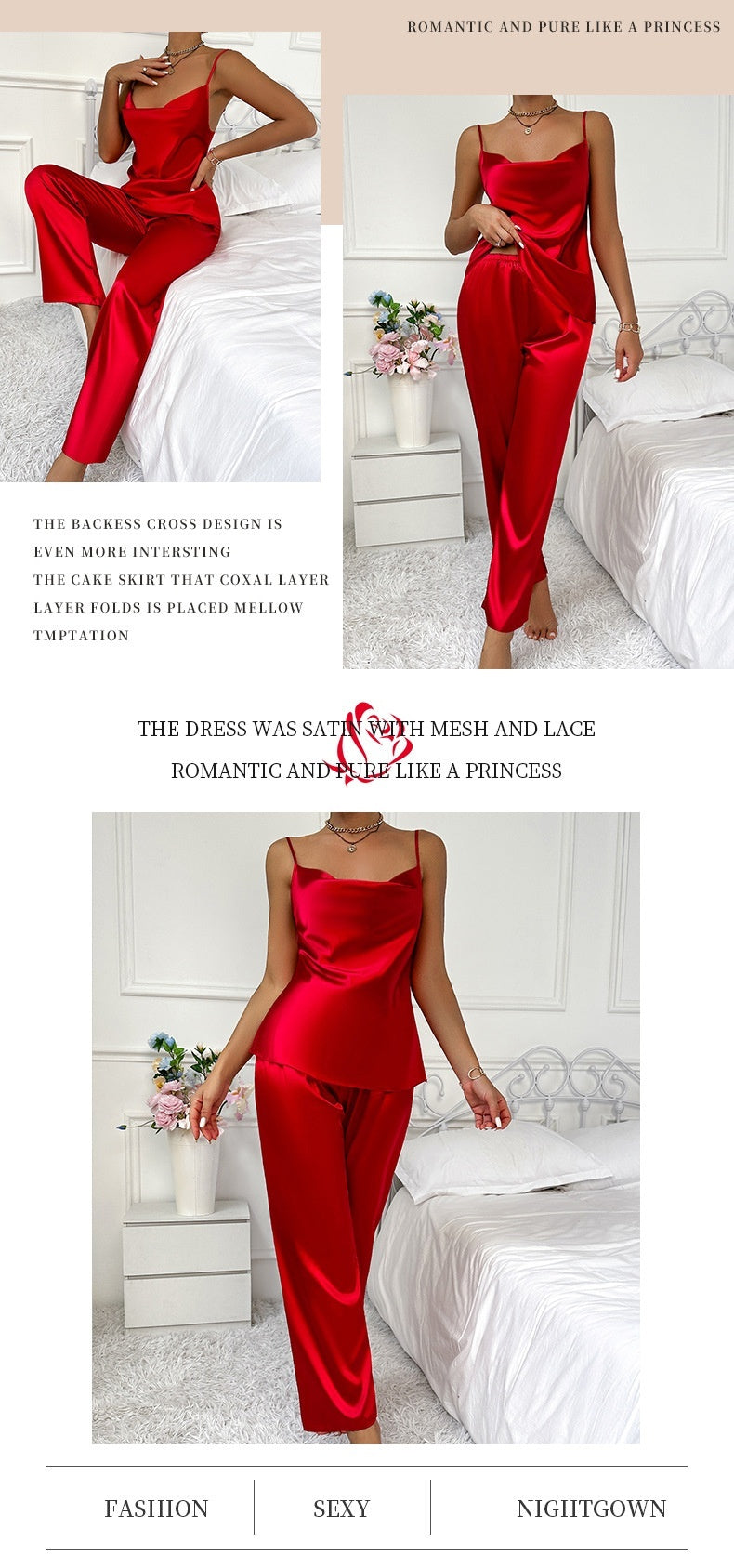 Womens Fashionable Two-Piece Sleepwear Set Camisole And Long Pants