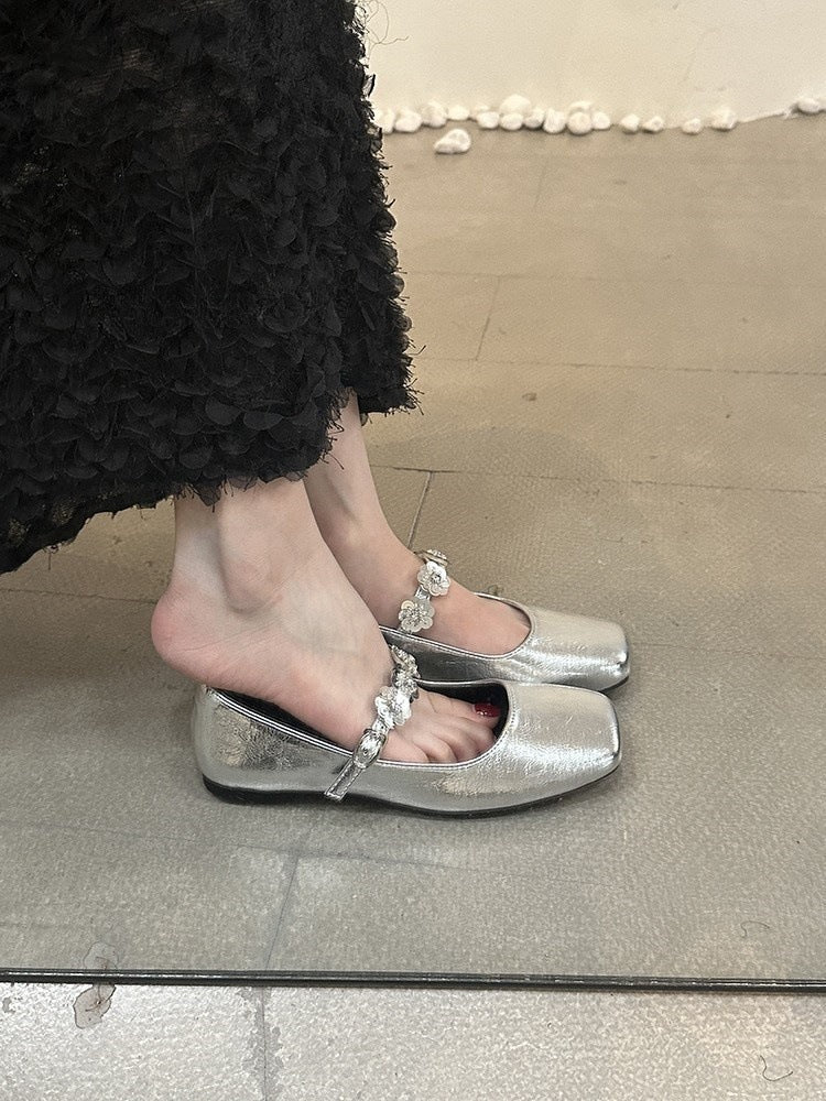 French Minority Square Head Sequin Buckle Mary Jane Shoes