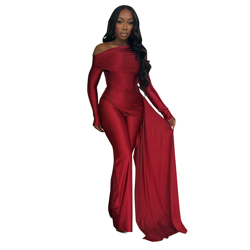 Cross-tied Ruched Ribbon Loose Straight-leg Long Jumpsuit