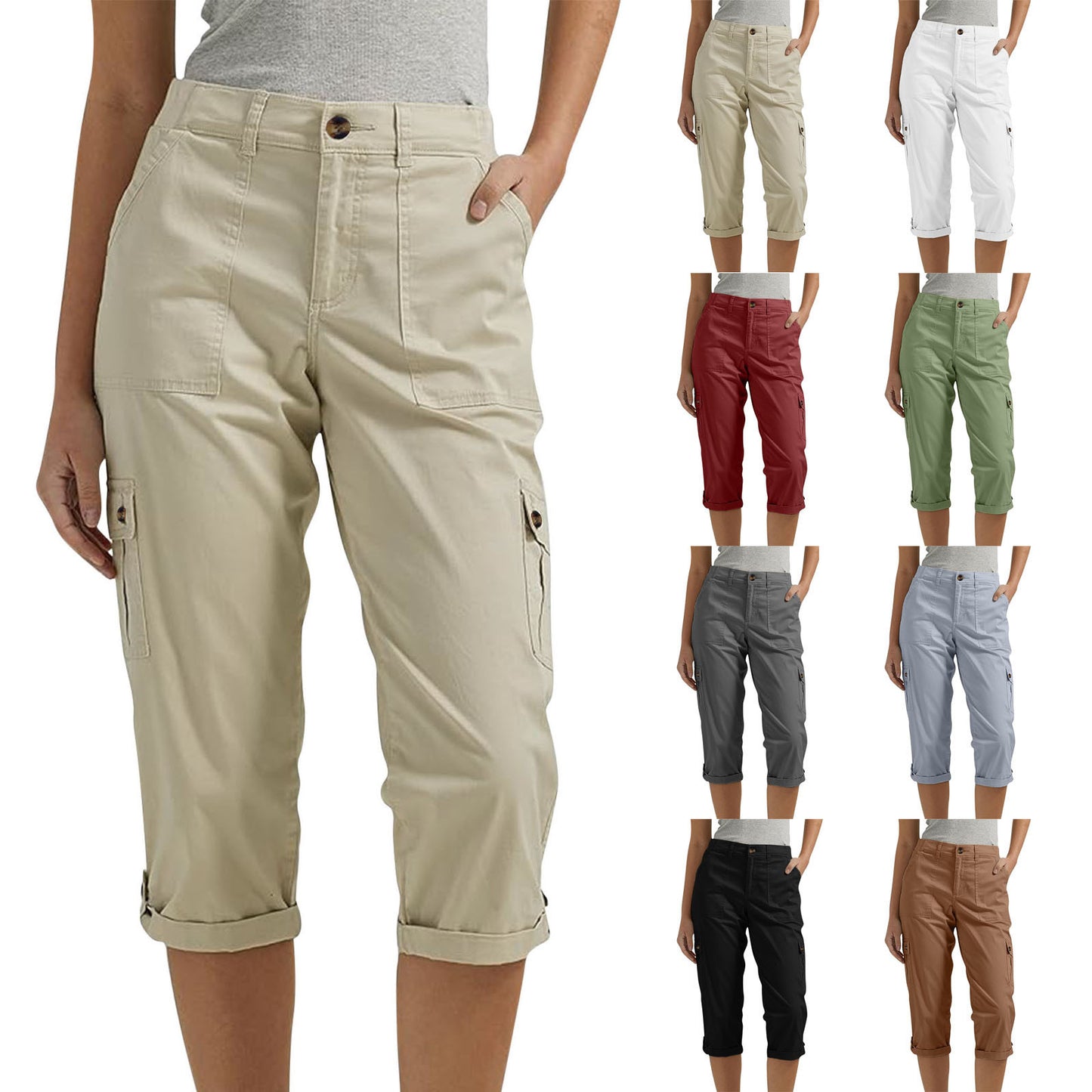 Solid-color Casual Cropped Pants With Multiple Pockets