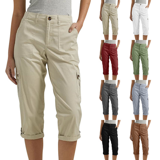Solid-color Casual Cropped Pants With Multiple Pockets