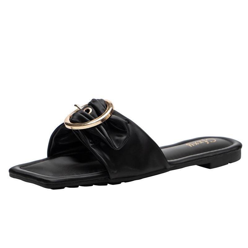 Korean Style Fashion Belt Buckle Flat Heel Women's Shoes Solid Color Square Toe Sandals