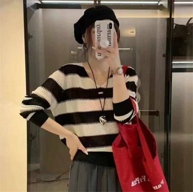 V-neck Needle Autumn New Striped Color Matching Long Sleeve Sweater Inner Bottoming Shirt Women