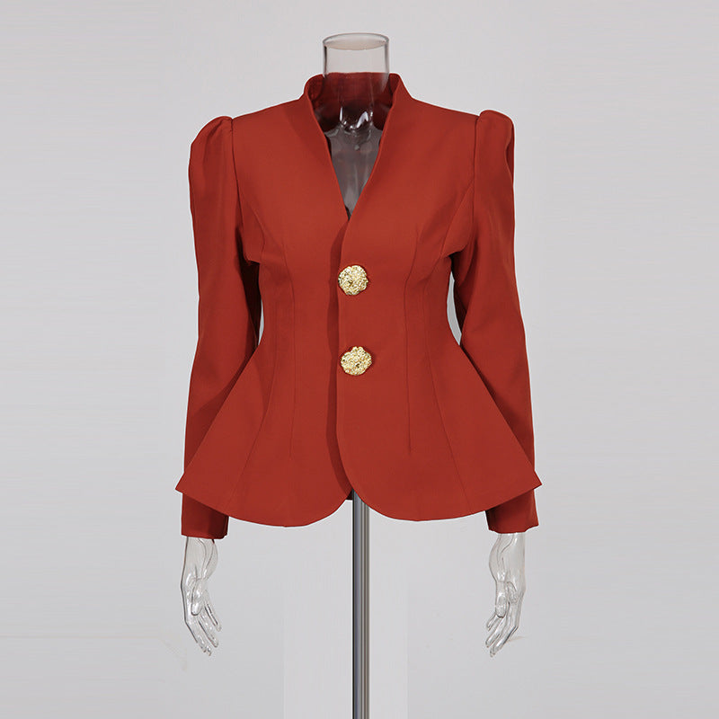 Retro Puff Sleeve Suit Two-Piece Set For Women