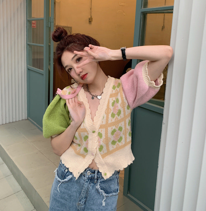 Design Sense Niche Chic V-neck Short Sleeve Knitted Ice Silk Cardigan