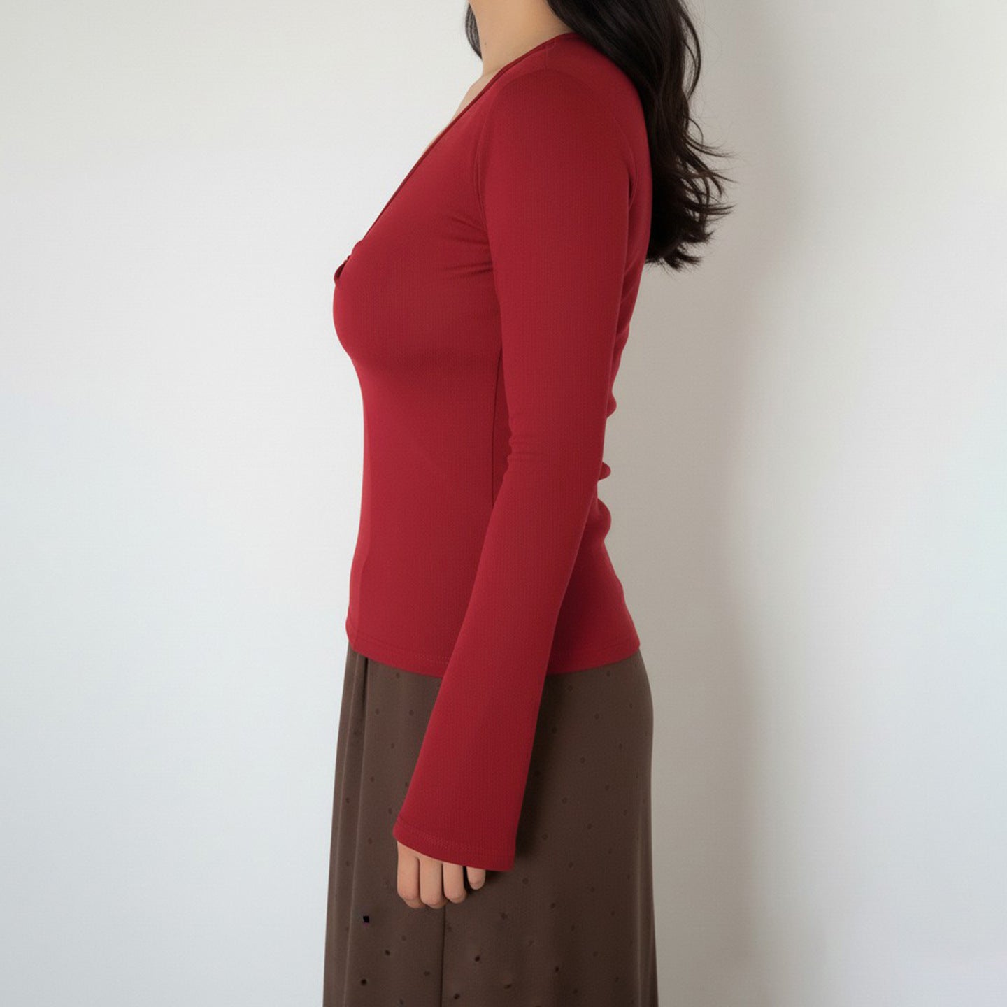 Deep V Long Sleeve Solid Color Sexy Slim-Fit Underwear Top
