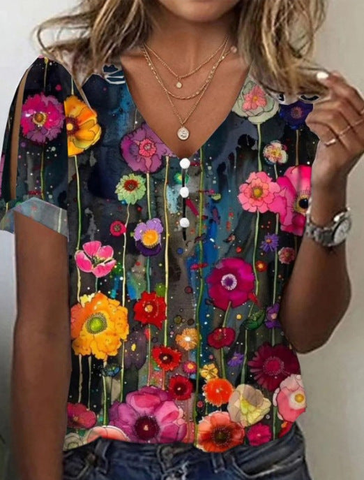 Floral Print Button Spring And Summer Women's Clothing T-shirt Short Sleeve