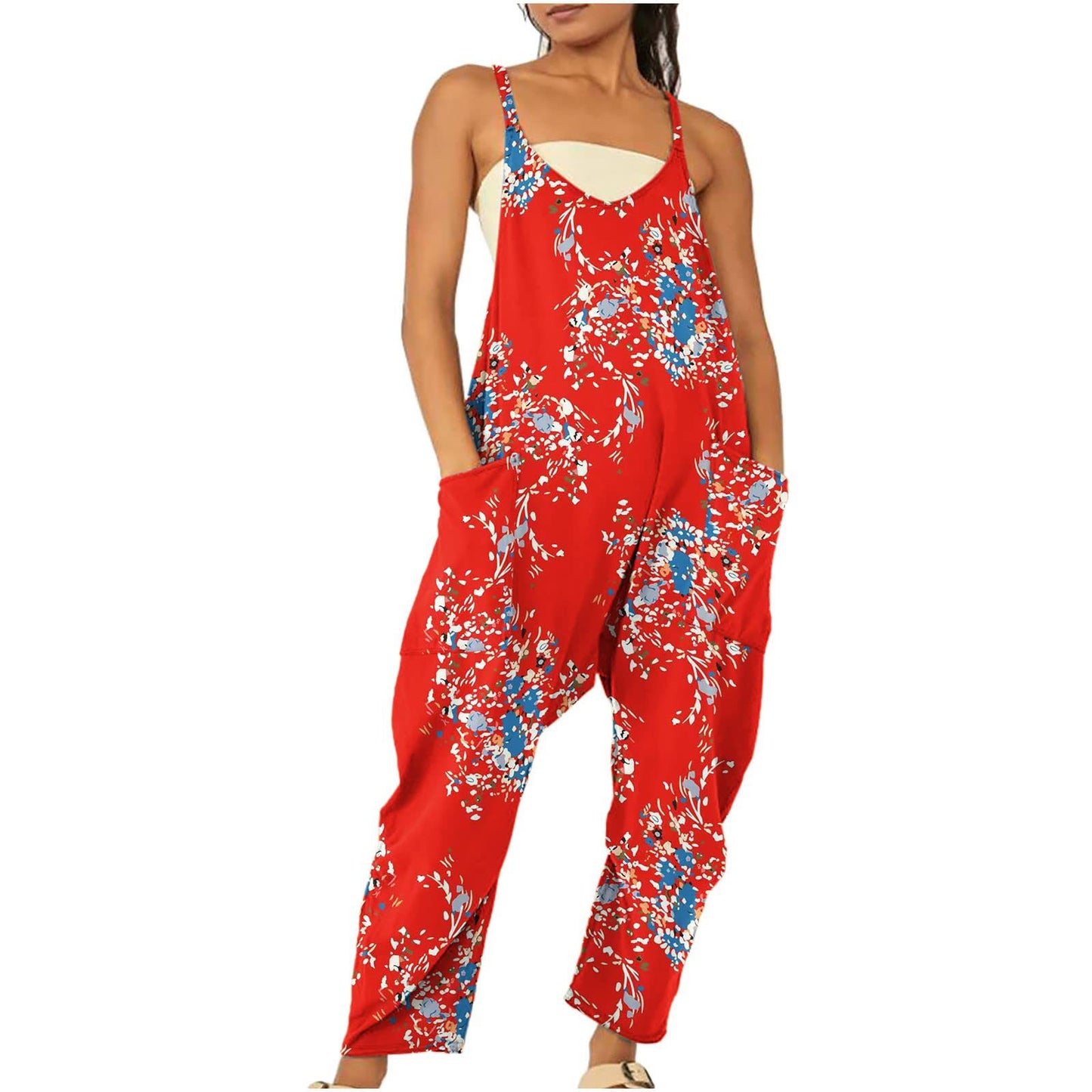 Womens Printed Zippered Patch-Pocket Jumpsuit With Straps