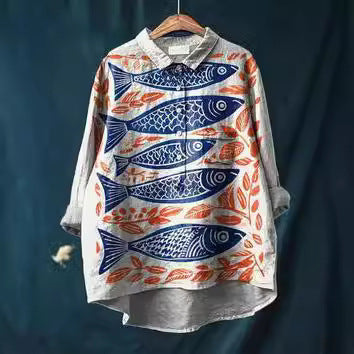 Retro Skjorte med Fiskeprint til Kvinder med Revers og Lange Ærmer
