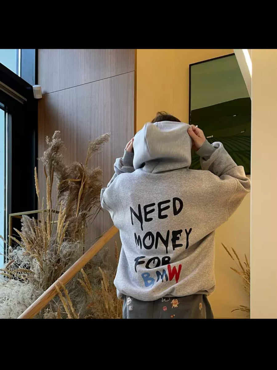 Hooded Sweater Simple Style Design Letter Print Loose All-matching Top