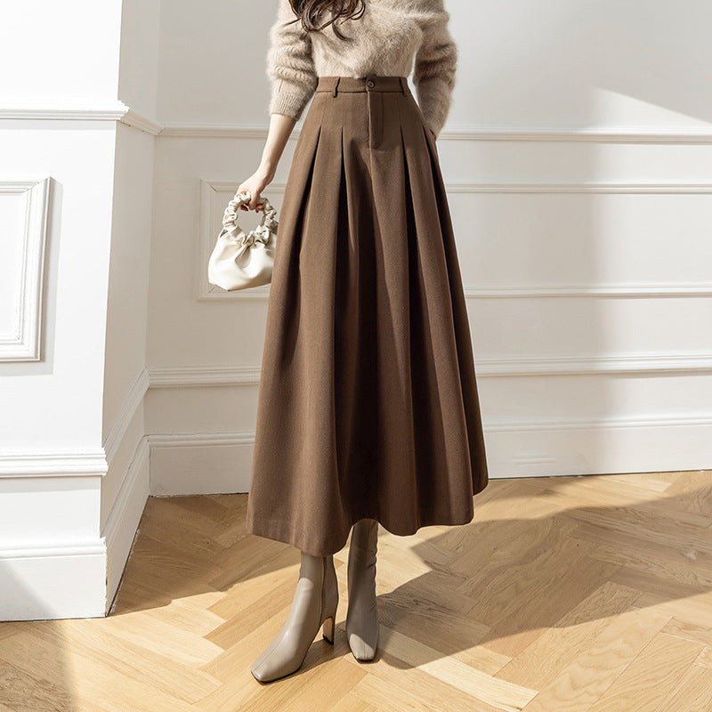 High Waist Korean Style Large Swing Pleated Slimming Woolen Long Skirt