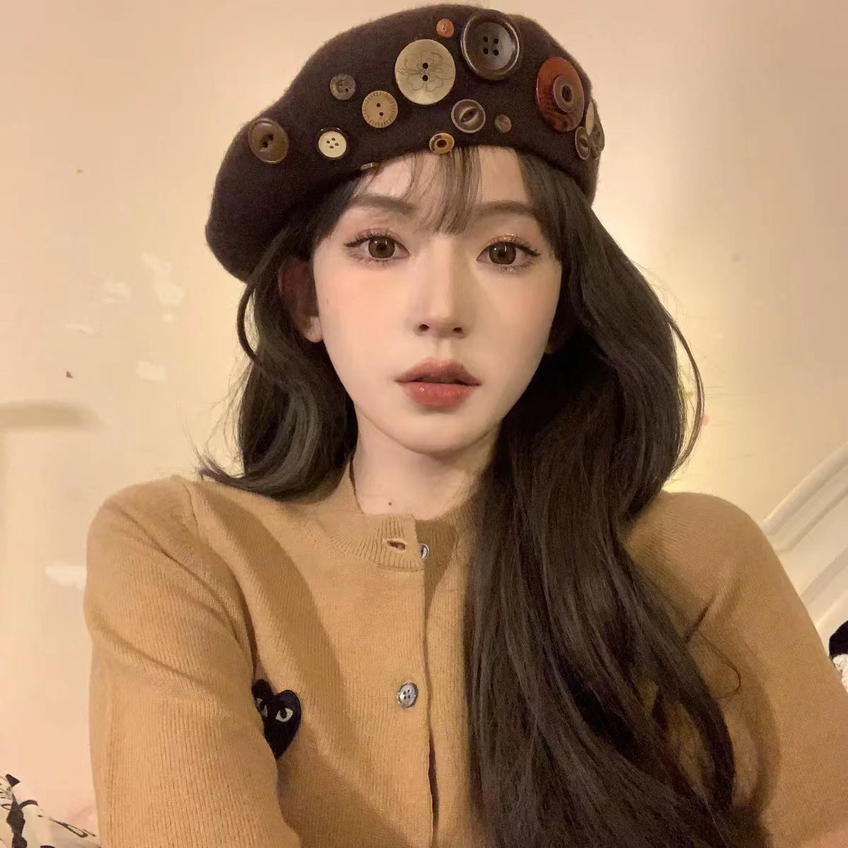 Personalized Yupi Wool Beret Trendy Colorful Button Niche Ladies