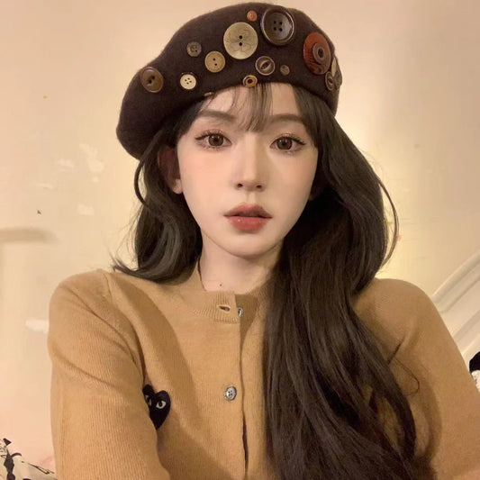 Personalized Yupi Wool Beret Trendy Colorful Button Niche Ladies
