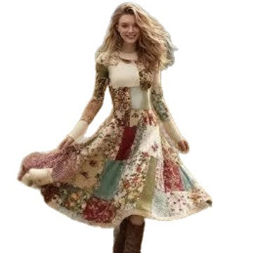 Retro Cable-Knit Long-Sleeve Womens Dress With A Crew Neck And Patchwork Design